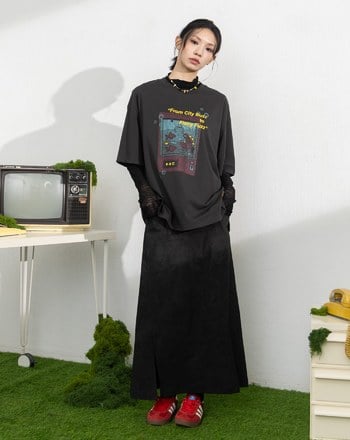 雲霧染開衩彈力微A字裙(兩色)