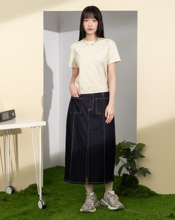 丹寧藍前車線開衩牛仔裙