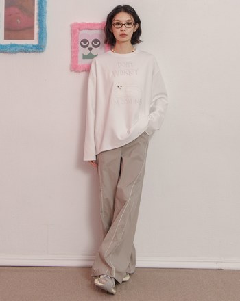 S型花邊剪接造型抽繩寬褲(兩色)