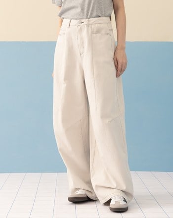 水洗配色壓線立體打褶直筒褲