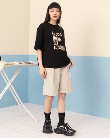 復古水洗後鬆緊打褶短褲(兩色)