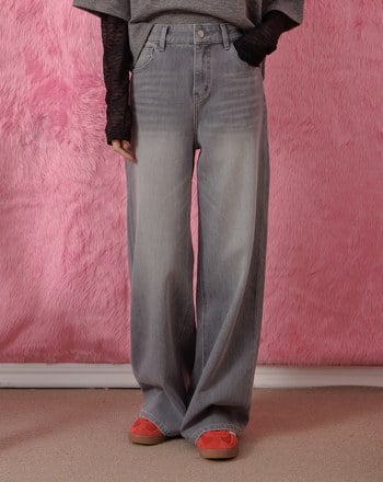 好比例四面彈柔霧灰牛仔直筒褲