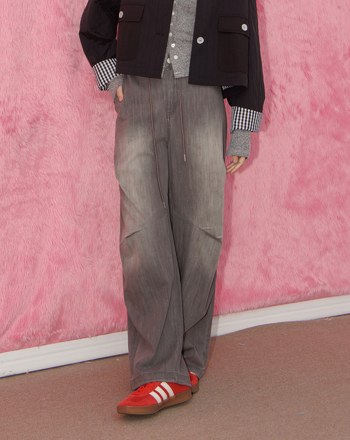 A｜立體打褶低腰水洗牛仔寬褲(兩色)