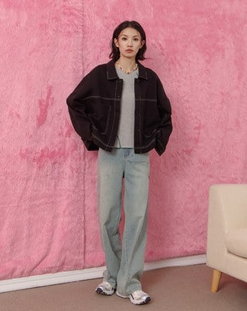 ➤好比例車線水洗彈性直筒牛仔褲