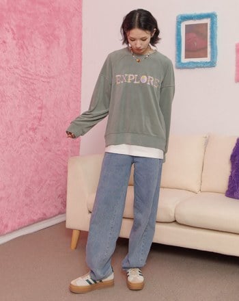 ➤斜剪接鬚邊腰頭牛仔褲