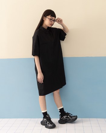 抗皺拼接開衩袖開襟洋裝