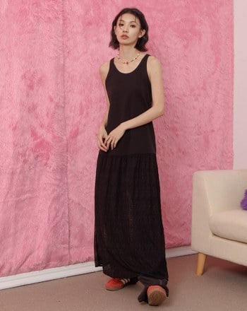 透膚蕾絲内搭背心洋裝(兩色)