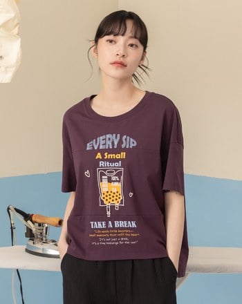 珍奶補給繡花剪接涼感T恤(兩色)