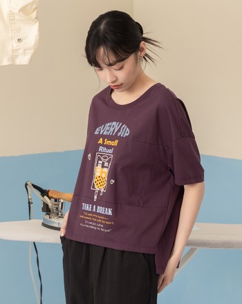 珍奶補給繡花剪接涼感T恤(兩色)