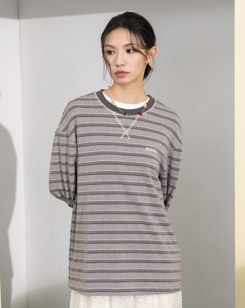 天絲條紋落肩長袖T恤(兩色)