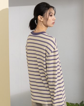 天絲條紋落肩長袖T恤(兩色)