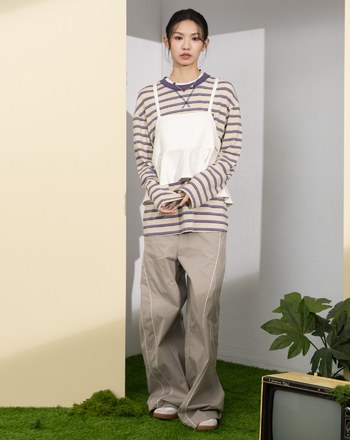 天絲條紋落肩長袖T恤(兩色)