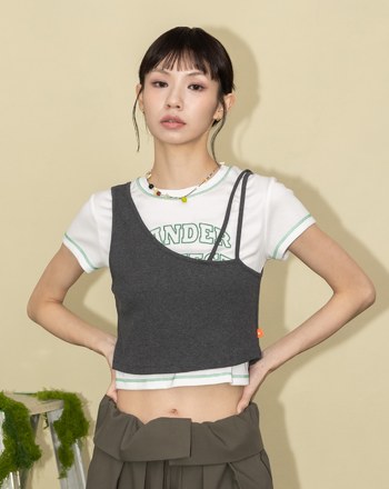 A｜英文刺繡兩件式不對稱背心T恤(兩色)