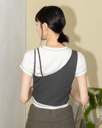 A｜英文刺繡兩件式不對稱背心T恤(兩色)