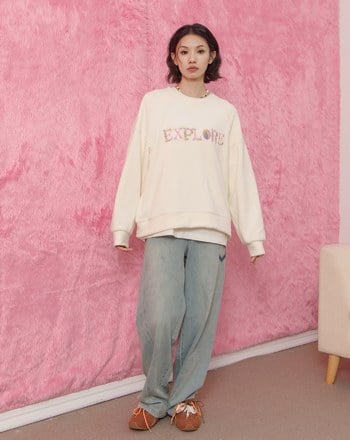 ➤EXPLORE趣味繡花絨毛大學T(四色)