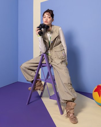 PIXAR系列 小逗布標仿舊水洗工裝可束口寬褲(卡其色)
