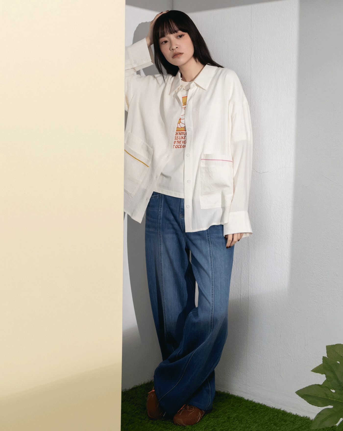 撞色滾邊造型口袋長袖襯衫(兩色)