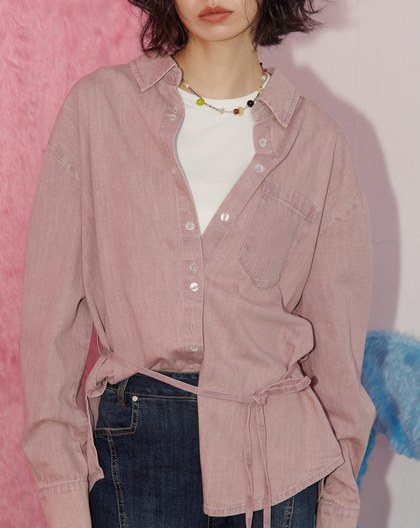 A｜彩色水洗牛仔開衩綁帶襯衫(兩色)